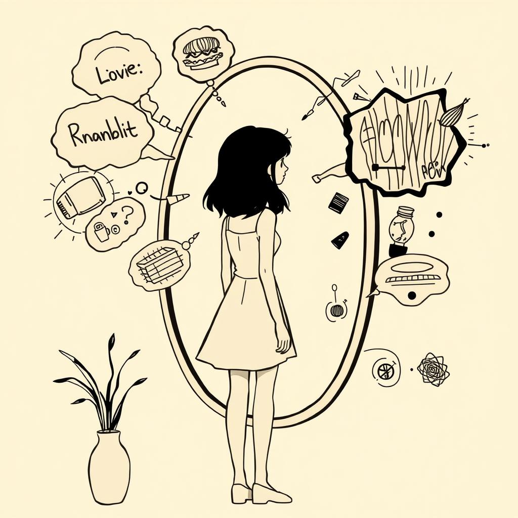 A female character standing in front of a mirror looking blankly into it, surrounded by thought bubbles containing abstract and messy thoughts