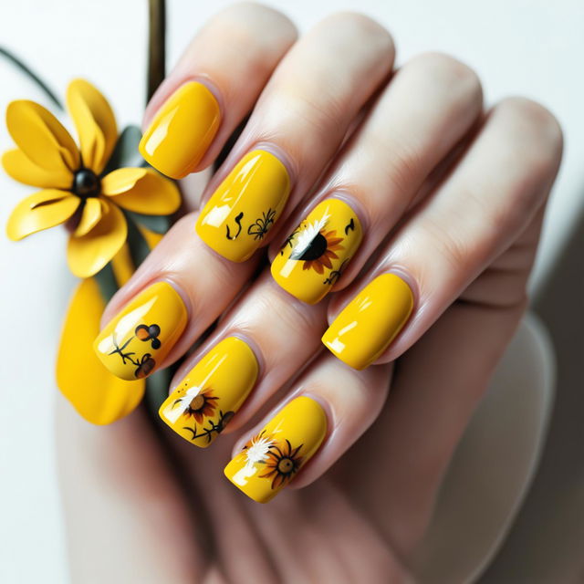 A high-quality digital art image featuring a hand with nails painted in a gradient of yellow shades, each decorated with adorable nail charm designs