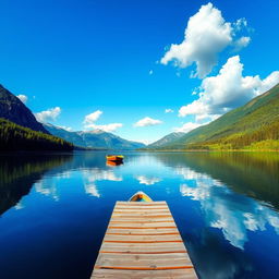 A serene and picturesque landscape of a tranquil lake surrounded by lush, green forests and majestic mountains in the background