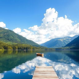 A serene and picturesque landscape of a tranquil lake surrounded by lush, green forests and majestic mountains in the background