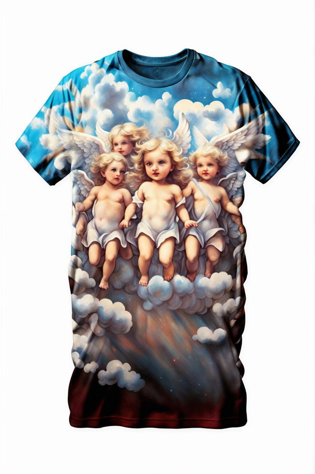 A beautiful graphic t-shirt design featuring a modern interpretation of angels in Heaven