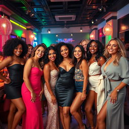 A group of confident and attractive women in a vibrant, glamorous setting, showcasing various styles and personalities