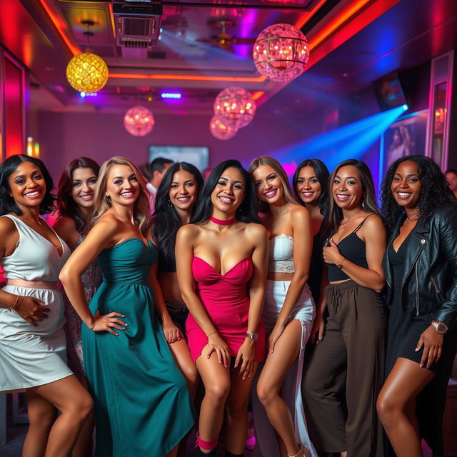 A group of confident and attractive women in a vibrant, glamorous setting, showcasing various styles and personalities