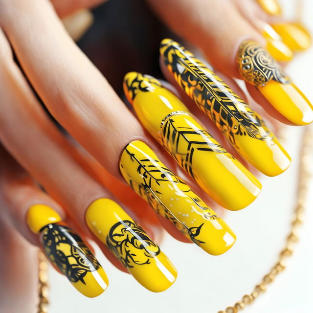 This is a high-quality digital art image featuring a hand with nails painted in various shades of yellow, each adorned with unique golden nail charm designs