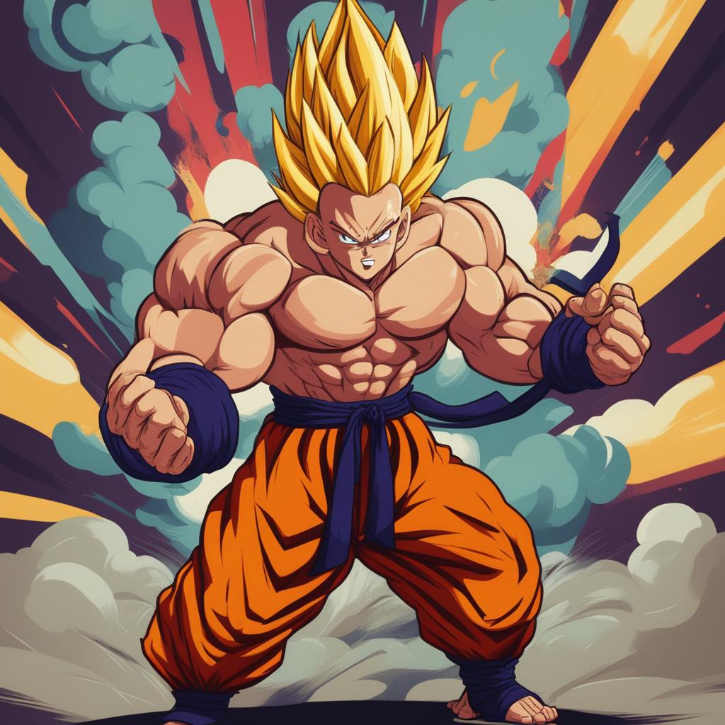 A high-quality digital art image of Reuben Horne in the style of Dragonball, featuring exaggerated muscular structure, distinctive spiky hair, and a traditional martial arts outfit