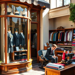 An inviting and stylish tailor shop on a sunny day, showcasing elegant suits and colorful fabrics in the window displays