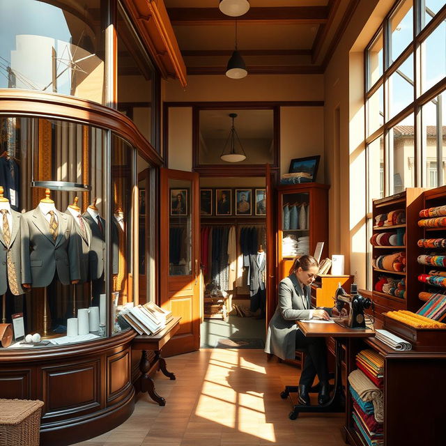 An inviting and stylish tailor shop on a sunny day, showcasing elegant suits and colorful fabrics in the window displays