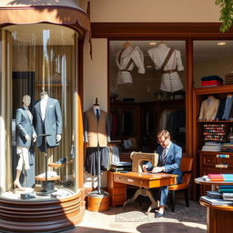 An inviting and stylish tailor shop on a sunny day, showcasing elegant suits and colorful fabrics in the window displays