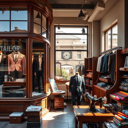 An inviting and stylish tailor shop on a sunny day, showcasing elegant suits and colorful fabrics in the window displays