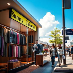 A vibrant and stylish image showcasing a modern tailor shop named 'Sunny Tailors'