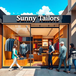 A vibrant and stylish image showcasing a modern tailor shop named 'Sunny Tailors'