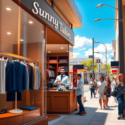 A vibrant and stylish image showcasing a modern tailor shop named 'Sunny Tailors'