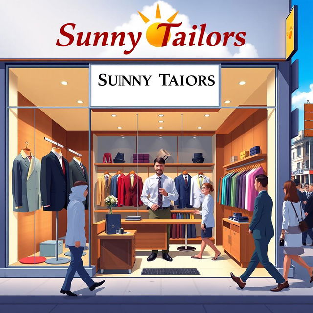 A vibrant and stylish image showcasing a modern tailor shop named 'Sunny Tailors'