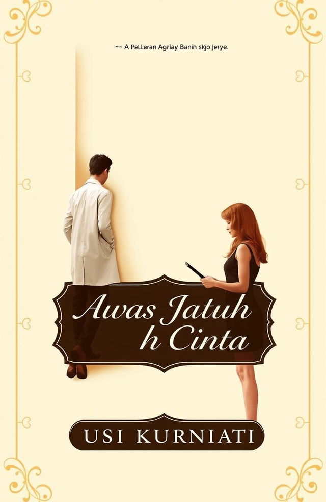 A novel cover for 'Awas Jatuh Cinta' by Yusi Kurniati, featuring a dominant color scheme of cream and light brown