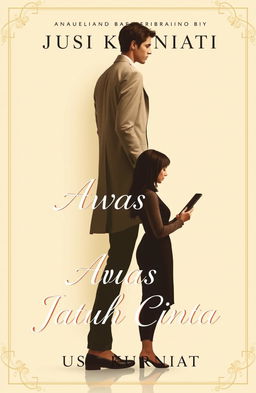 A novel cover for 'Awas Jatuh Cinta' by Yusi Kurniati, featuring a dominant color scheme of cream and light brown