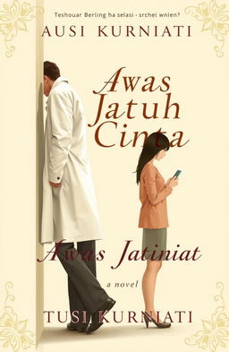 A novel cover for 'Awas Jatuh Cinta' by Yusi Kurniati, featuring a dominant color scheme of cream and light brown