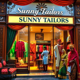 A vibrant and stylish image showcasing a modern tailor shop named 'Sunny Tailors' designed in traditional Urdu Pakistani style