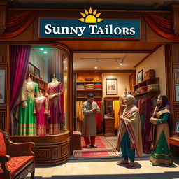 A vibrant and stylish image showcasing a modern tailor shop named 'Sunny Tailors' designed in traditional Urdu Pakistani style