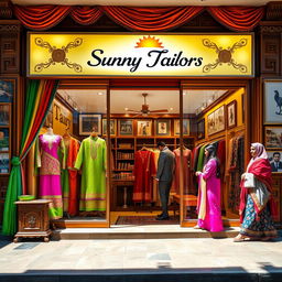 A vibrant and stylish image showcasing a modern tailor shop named 'Sunny Tailors' designed in traditional Urdu Pakistani style