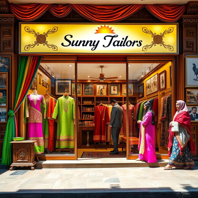 A vibrant and stylish image showcasing a modern tailor shop named 'Sunny Tailors' designed in traditional Urdu Pakistani style