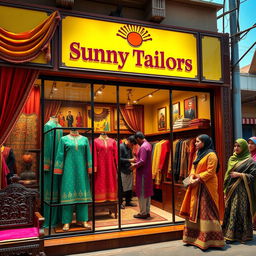 A vibrant and stylish image showcasing a modern tailor shop named 'Sunny Tailors' designed in traditional Urdu Pakistani style