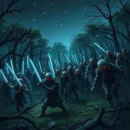 In a mysterious forest under a starry night sky, 1000 Guardians face off against 1000 undead soldiers in an epic battle