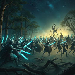 In a mysterious forest under a starry night sky, 1000 Guardians face off against 1000 undead soldiers in an epic battle