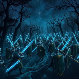 In a mysterious forest under a starry night sky, 1000 Guardians face off against 1000 undead soldiers in an epic battle