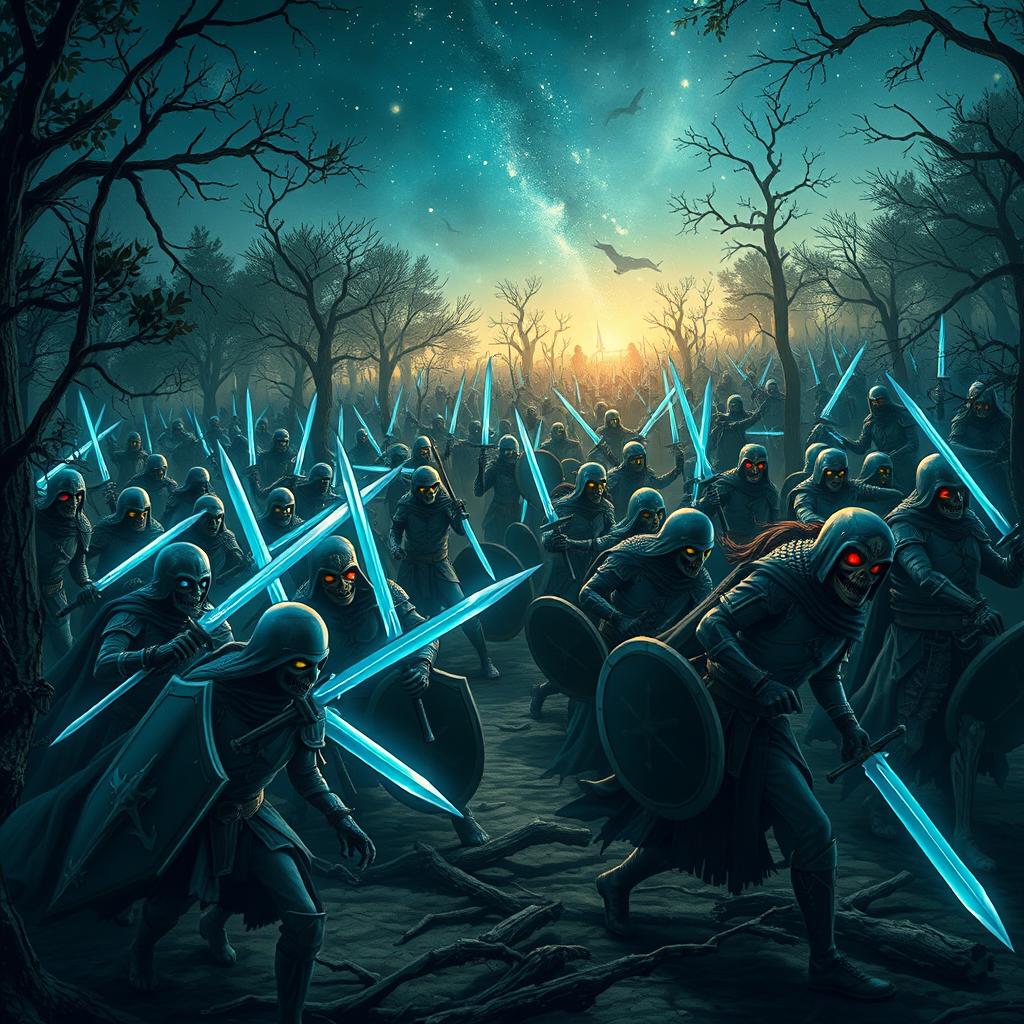 In a mysterious forest under a starry night sky, 1000 Guardians face off against 1000 undead soldiers in an epic battle