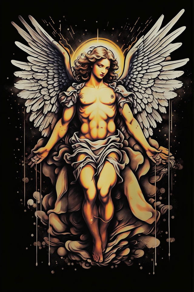 A high-quality graphic t-shirt design featuring a detailed print of an angel, combining modern graphic design and traditional angelic imagery