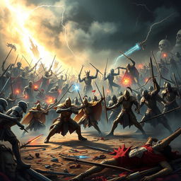 An epic battle scene showcasing the Guardians, a heroic army clad in shining armor and wielding magical weapons, fiercely clashing against a terrifying horde of undead creatures