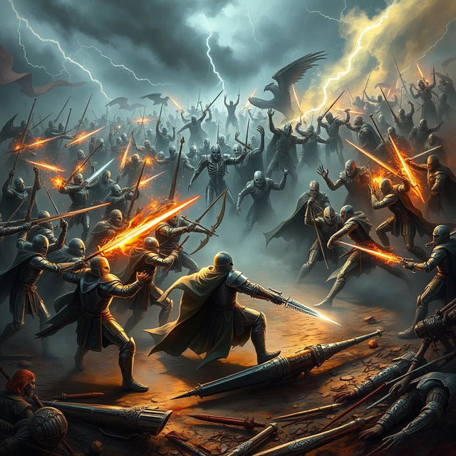 An epic battle scene showcasing the Guardians, a heroic army clad in shining armor and wielding magical weapons, fiercely clashing against a terrifying horde of undead creatures