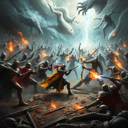 An epic battle scene showcasing the Guardians, a heroic army clad in shining armor and wielding magical weapons, fiercely clashing against a terrifying horde of undead creatures