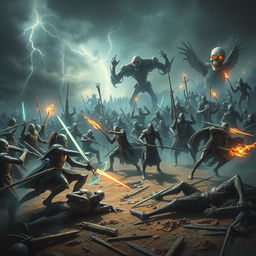An epic battle scene showcasing the Guardians, a heroic army clad in shining armor and wielding magical weapons, fiercely clashing against a terrifying horde of undead creatures