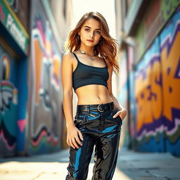 A fashionable young girl wearing stylish, shiny latex trousers, combined with a trendy top