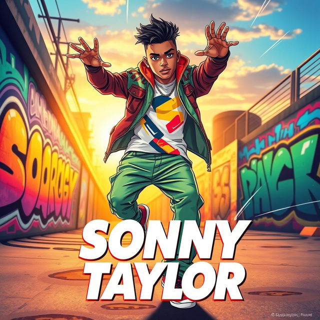 A vibrant and dynamic poster featuring a fictional character named Sonny Taylor showcasing their unique abilities