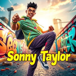 A vibrant and dynamic poster featuring a fictional character named Sonny Taylor showcasing their unique abilities