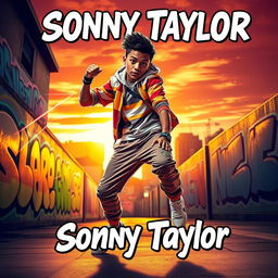 A vibrant and dynamic poster featuring a fictional character named Sonny Taylor showcasing their unique abilities