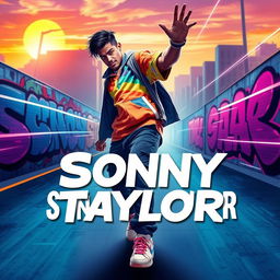 A vibrant and dynamic poster featuring a fictional character named Sonny Taylor showcasing their unique abilities