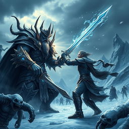 An epic battle scene featuring a heroic warrior clashing swords with a powerful Lich King in a dark, icy landscape