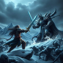 An epic battle scene featuring a heroic warrior clashing swords with a powerful Lich King in a dark, icy landscape