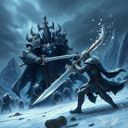 An epic battle scene featuring a heroic warrior clashing swords with a powerful Lich King in a dark, icy landscape