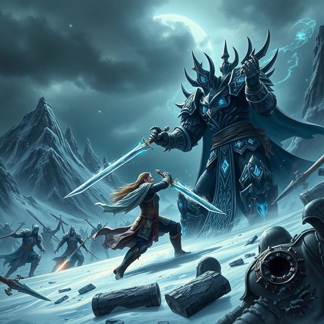 An epic battle scene featuring a heroic warrior clashing swords with a powerful Lich King in a dark, icy landscape