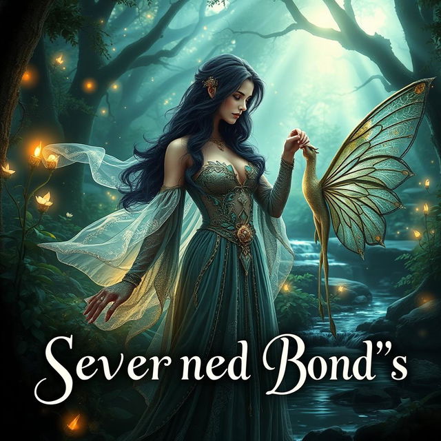 An enchanting book cover for a romantic fantasy novel titled 'Severed Bond's', showcasing a powerful witch and a seductive fae