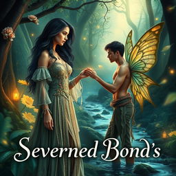 An enchanting book cover for a romantic fantasy novel titled 'Severed Bond's', showcasing a powerful witch and a seductive fae