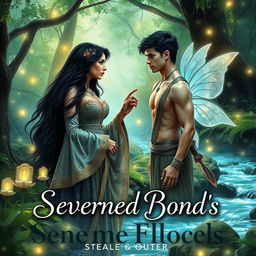 An enchanting book cover for a romantic fantasy novel titled 'Severed Bond's', showcasing a powerful witch and a seductive fae
