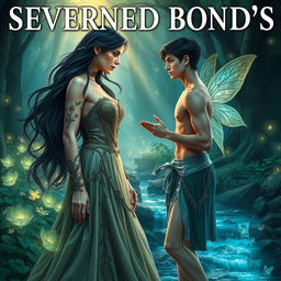 An enchanting book cover for a romantic fantasy novel titled 'Severed Bond's', showcasing a powerful witch and a seductive fae