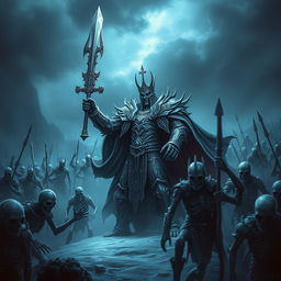 A powerful Lich King commanding an army of thousands of undead warriors