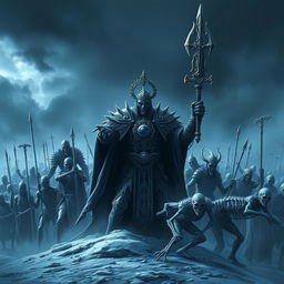 A powerful Lich King commanding an army of thousands of undead warriors