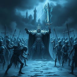 A powerful Lich King commanding an army of thousands of undead warriors